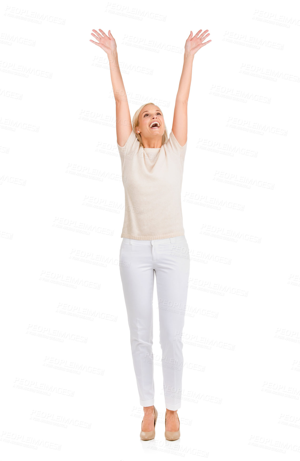 Buy stock photo Happy, winner and woman with arms up celebration in studio for fashion, sale or promo on white background. Excited, energy and female model with wow hands for clothing discount, giveaway or offer 