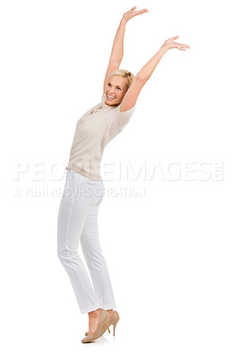 Buy stock photo Happy, cheering and woman with arms up celebration in studio for fashion, sale or promo on white background. Excited, energy and female model with wow hands for clothing discount, giveaway or offer 
