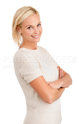 Buy stock photo Portrait, fashion and happy woman with arms crossed in studio for confidence or positive attitude on white background. Face, smile and female model with pride for style, clothes or outfit choice