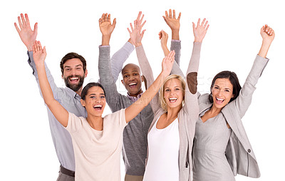 Buy stock photo A group of businesspeople with their arms raised in celebration