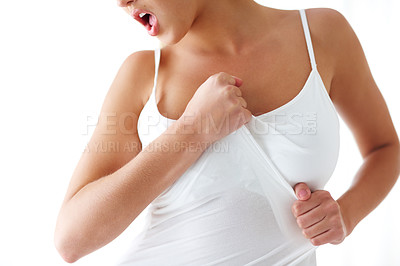Buy stock photo Fashion, woman and studio with passion in white background with frustration and upset with clothes. Female person, wear sleeveless and strong with body positivity, empowerment and confidence. 
