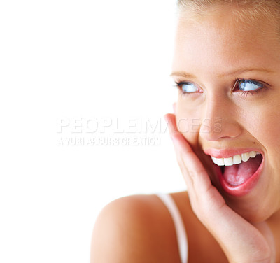 Buy stock photo Wow, skincare and happy woman in studio shocked with cosmetic, results and treatment with mockup. Omg, soft and female model with hands on face surprised by beauty, secret or dermatology satisfaction