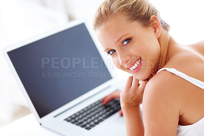 Buy stock photo blonde young woman near laptop