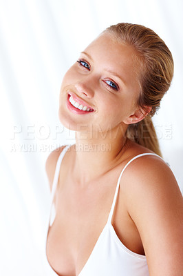 Buy stock photo Portrait, smile and woman with beauty, cosmetics and confident girl isolated against a white studio background. Face, female person and happy model with positivity, carefree and happiness with mockup