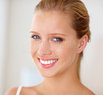 Buy stock photo Face, woman and home with skincare for smile in white background, happy and satisfied with routine results. Portrait, female person and treatment with glow for beauty, self care and confidence. 