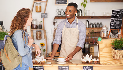 Buy stock photo Barista, coffee shop and customer for services with order, drink and talking of food, hospitality and laughing at counter. Small business owner with student for discount at a cafe, market or bakery