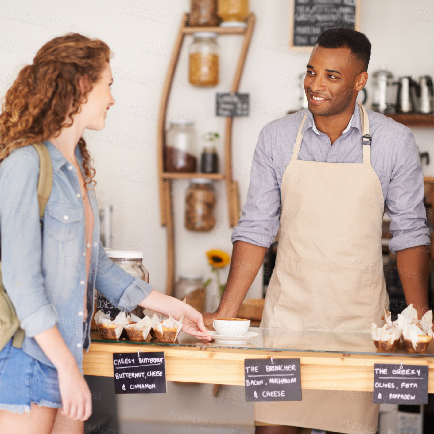 Buy stock photo Coffee, small business and customer with server for payment or purchase of bakery beverage and food. Cafe, retail or restaurant with barista serving consumer at counter of startup for service