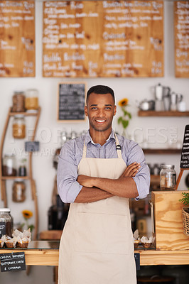 Buy stock photo Black man, portrait and barista with arms crossed in cafe with pride for career or job. Waiter, smile and confidence of African person from Nigeria in restaurant, small business and coffee shop.