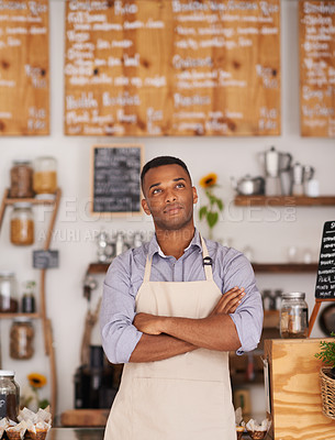 Buy stock photo Cafe, black man and barista thinking of small business as entrepreneur, professional and shop owner. Male person, standing and thoughtful of idea for startup of store in food industry of Cape Town