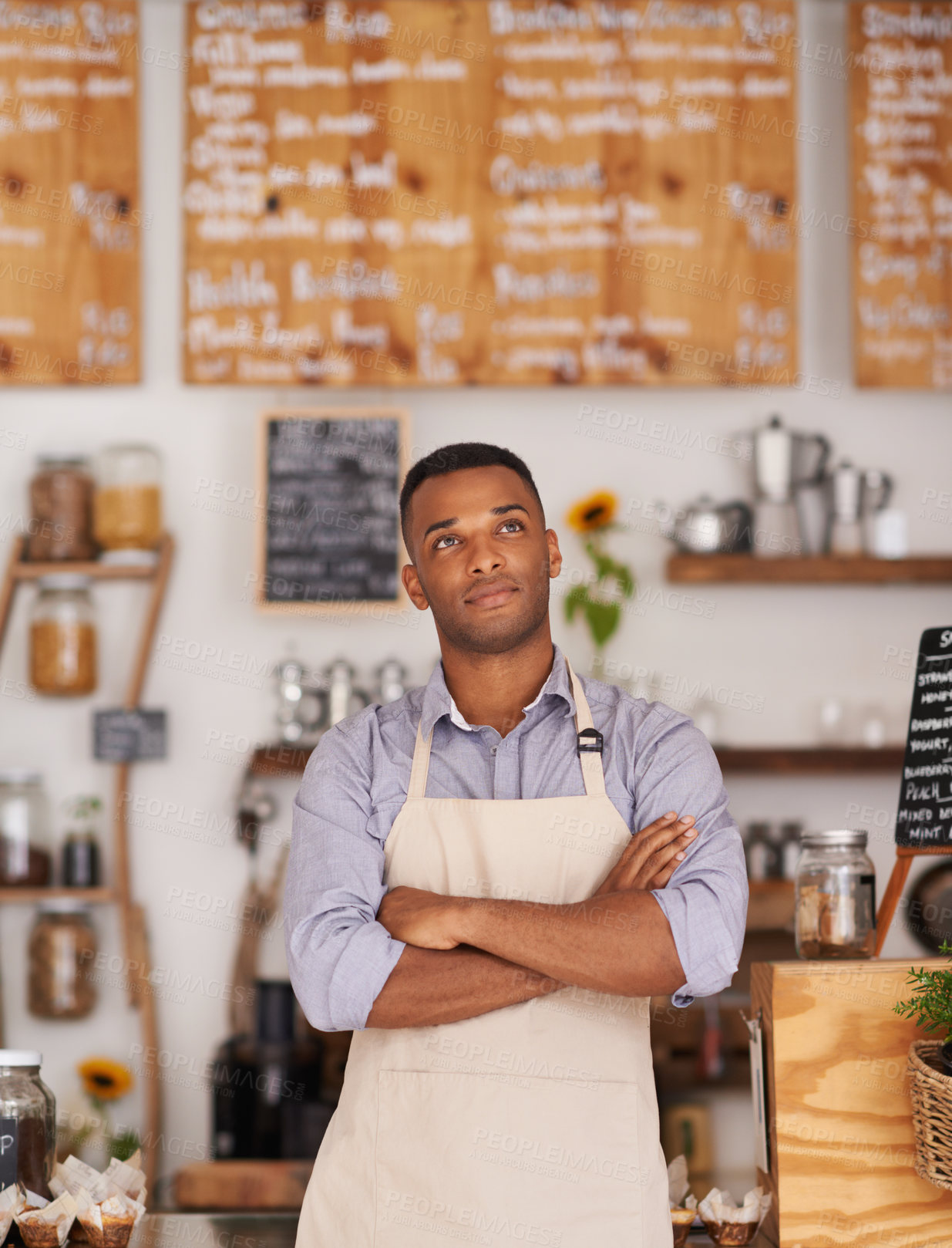 Buy stock photo Cafe, black man and barista thinking of small business as entrepreneur, professional and shop owner. Male person, standing and thoughtful of idea for startup of store in food industry of Cape Town