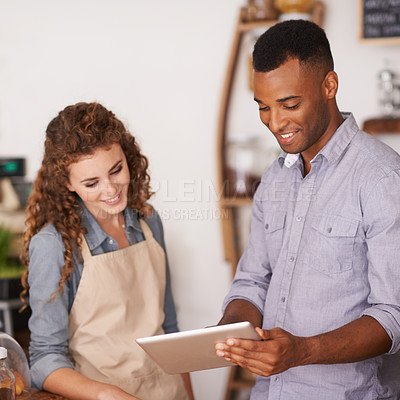 Buy stock photo Tablet, restaurant owner and teamwork of people talking, discussion and manage orders. Waiters, black man and happy woman in cafe with technology for inventory, stock check or managing sales in store
