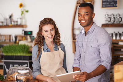 Buy stock photo Cafe owners, tablet and portrait of people, training and coaching in store. Waiters, black man and happy woman in restaurant with technology for inventory, stock check and managing sales online.
