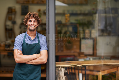 Buy stock photo Welcome, arms crossed and portrait of man at restaurant for small business, coffee shop and waiter. Entrepreneur, happy and smile with male barista at front door of cafe for diner and food industry