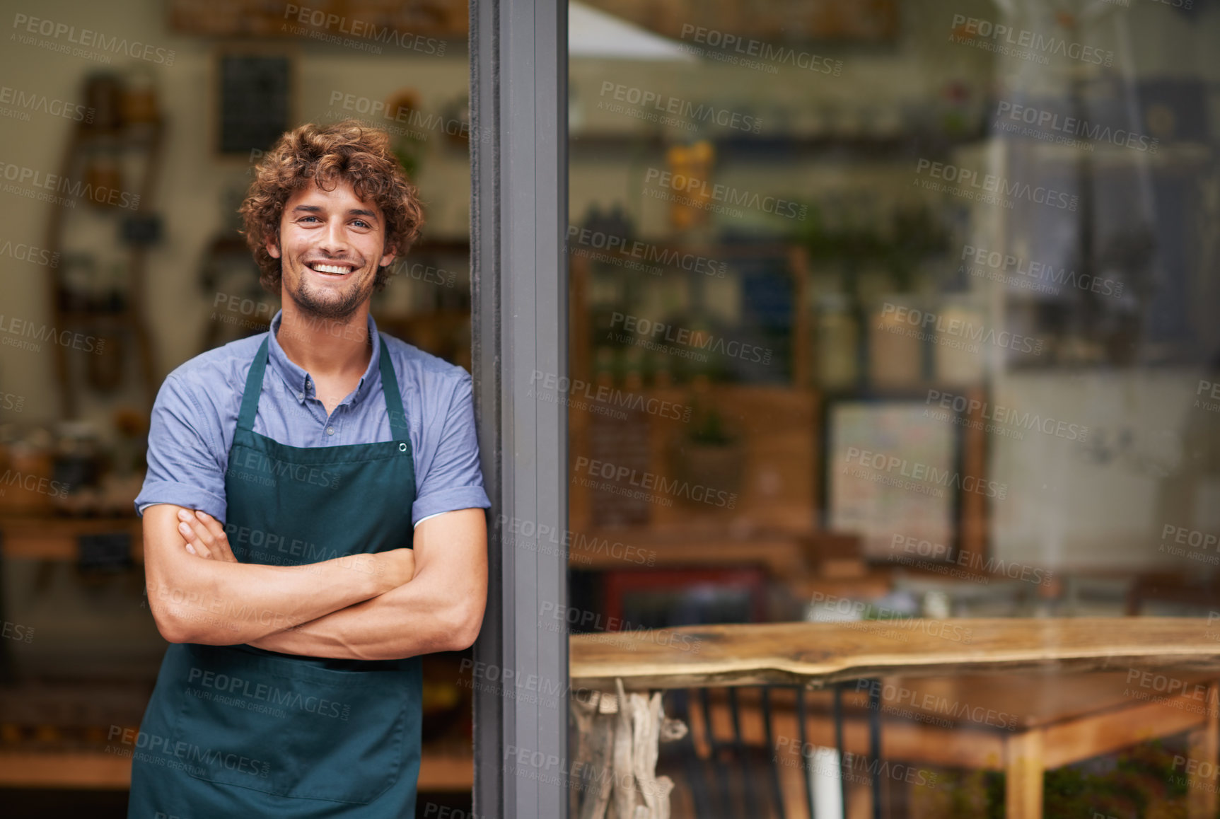 Buy stock photo Welcome, arms crossed and portrait of man at restaurant for small business, coffee shop and waiter. Entrepreneur, happy and smile with male barista at front door of cafe for diner and food industry