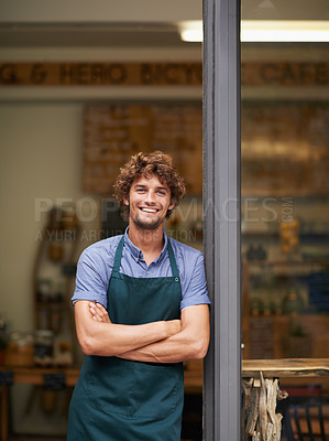 Buy stock photo Owner, arms crossed or portrait of man at restaurant for small business, coffee shop or waiter. Entrepreneur, happy smile and male barista at front door of cafe for diner and food industry confidence