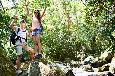 Buy stock photo Success, forest or happy couple celebrate in nature with goals on a trekking adventure. Freedom, smile or fun people excited by hiking in natural park or woods for exercise or wellness on holiday