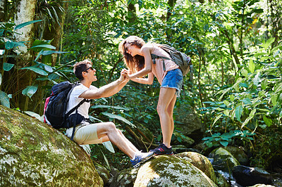 Buy stock photo Hiking, nature and couple in forest for adventure, trekking and explore for wellness, relax and fitness. Dating, travel and man and woman on holiday, vacation and freedom on weekend for exercise