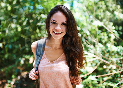 Buy stock photo Nature, hiking and portrait of woman with backpack for outdoor adventure trail on vacation. Smile, travel and female person with bag for trekking in forest, field or woods on holiday or weekend trip.