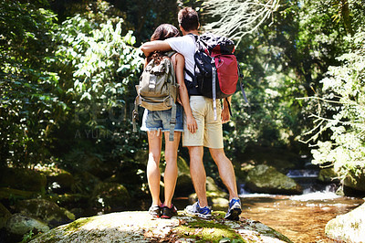 Buy stock photo Hug, nature and back of couple in forest for hiking, trekking and adventure for wellness, relax and explore. Dating, love and man and woman on holiday, vacation and travel on weekend for exercise