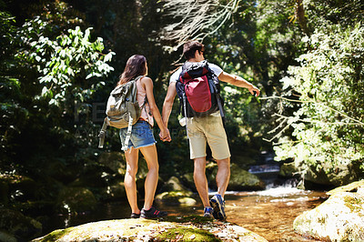 Buy stock photo Rearview shot of a young couple hiking through the forest