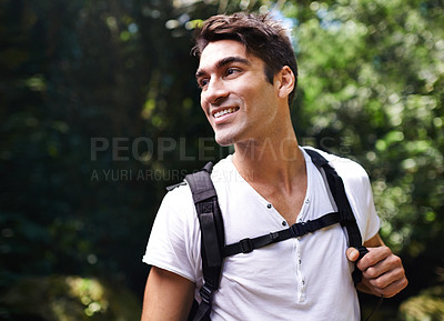 Buy stock photo Man, adventure and backpack for hiking in rainforest with smile for thinking, holiday and outdoor in summer. Person, happy and bag for trekking, walk and direction in nature for  vacation in Colombia