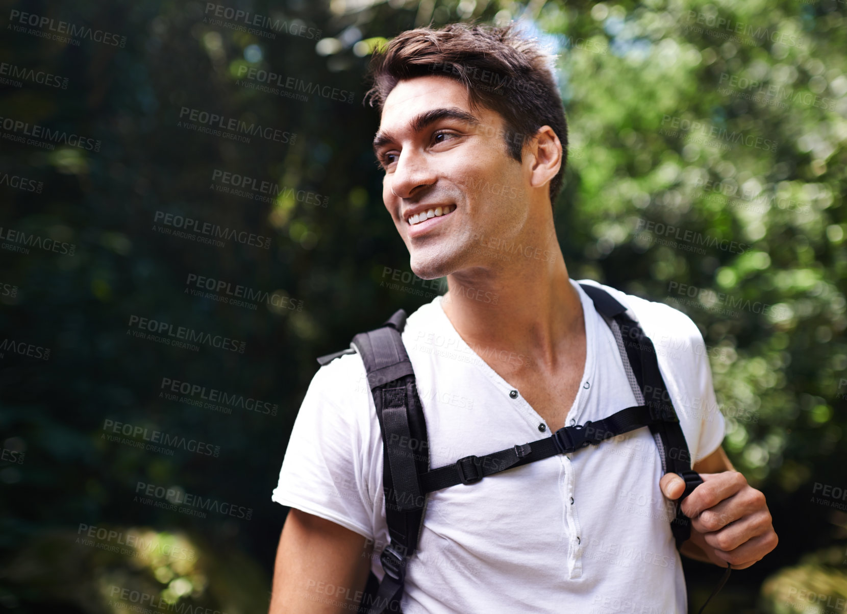 Buy stock photo Man, adventure and backpack for hiking in rainforest with smile for thinking, holiday and outdoor in summer. Person, happy and bag for trekking, walk and direction in nature for  vacation in Colombia