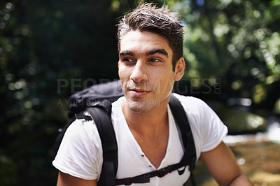 Buy stock photo Travel, hiking and man in nature for adventure, vacation or holiday with backpack in Colombia. Outdoor, forest and young male person trekking with bag by lake water in woods on weekend trip.