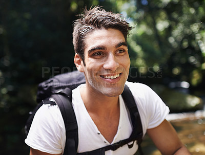 Buy stock photo Man, adventure and happy for hiking in rainforest with backpack with memory, holiday and summer by river. Person, happy and bag for trekking, thinking and direction in nature for vacation in Colombia
