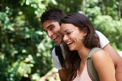 Buy stock photo Happy, hiking and couple in forest laughing for adventure, freedom and explore nature for wellness. Dating, travel and man and woman bonding for outdoor holiday, vacation and trekking for exercise