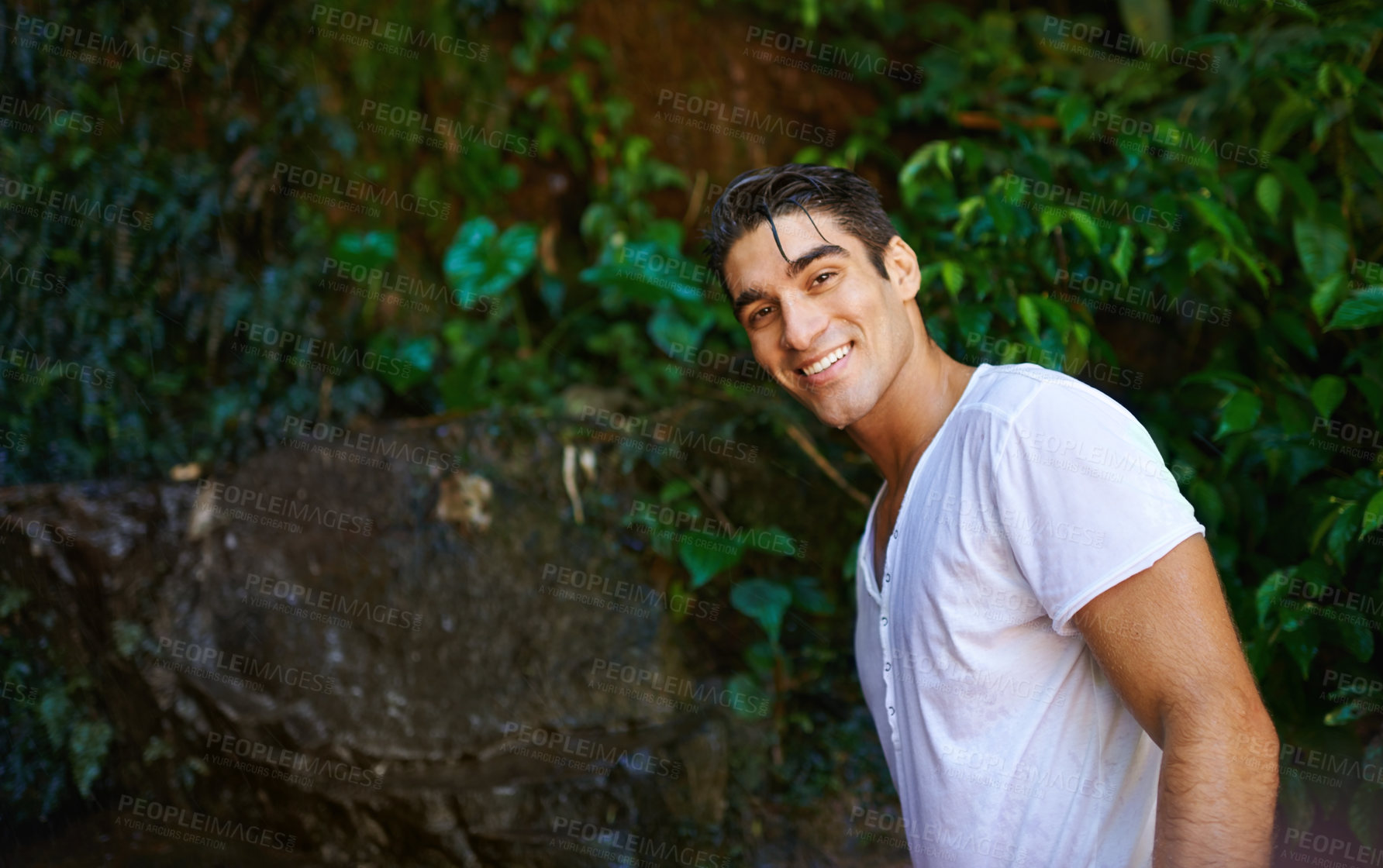 Buy stock photo Smile, forest or portrait of happy man in park or wilderness for outdoor trekking adventure. Garden, face or excited male hiker walking in woods or nature for travel, exercise or wellness on holiday