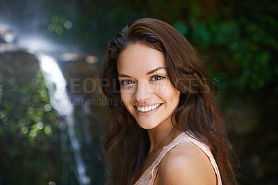 Buy stock photo Smile, waterfall or portrait of happy woman in forest or wilderness for outdoor trekking adventure. Park, face or female hiker walking in woods or nature for travel, exercise or wellness on holiday