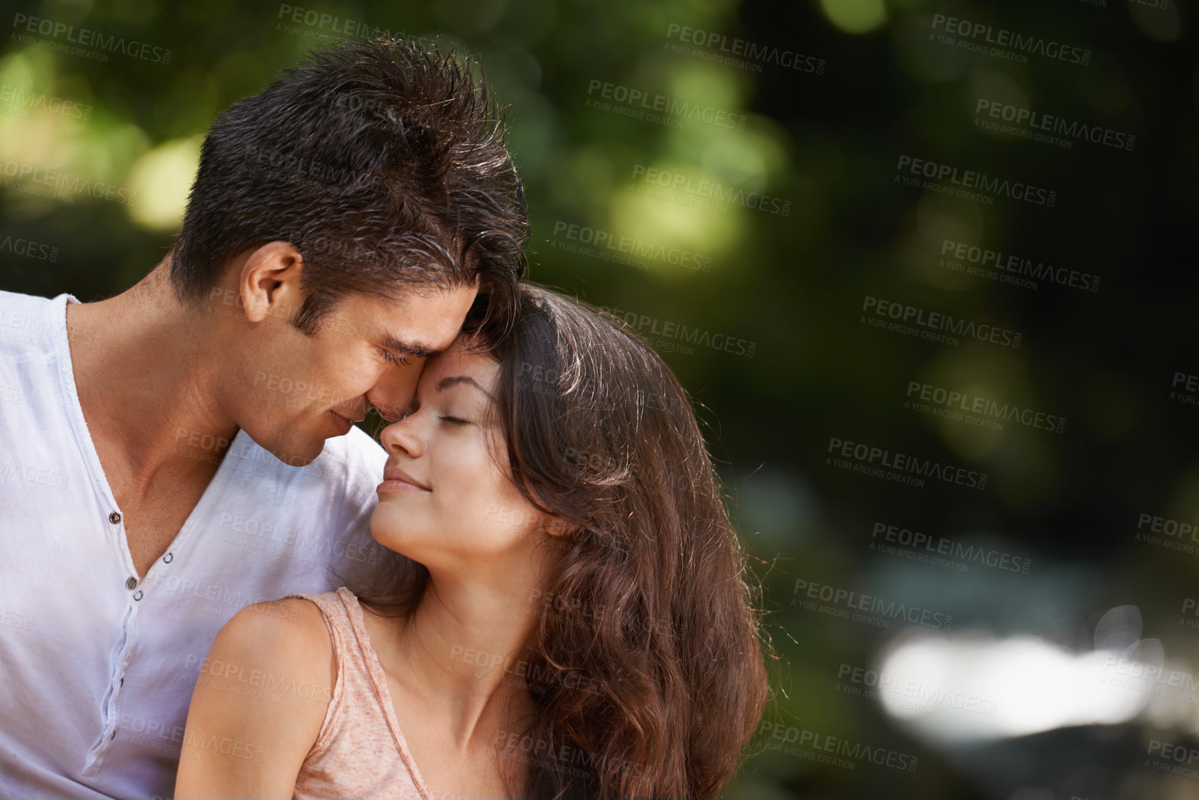 Buy stock photo Romance, nature and couple in forest for wellness, trekking and adventure for hiking, relax and explore. Dating, love and man and woman on outdoor holiday, vacation and freedom on weekend for bonding