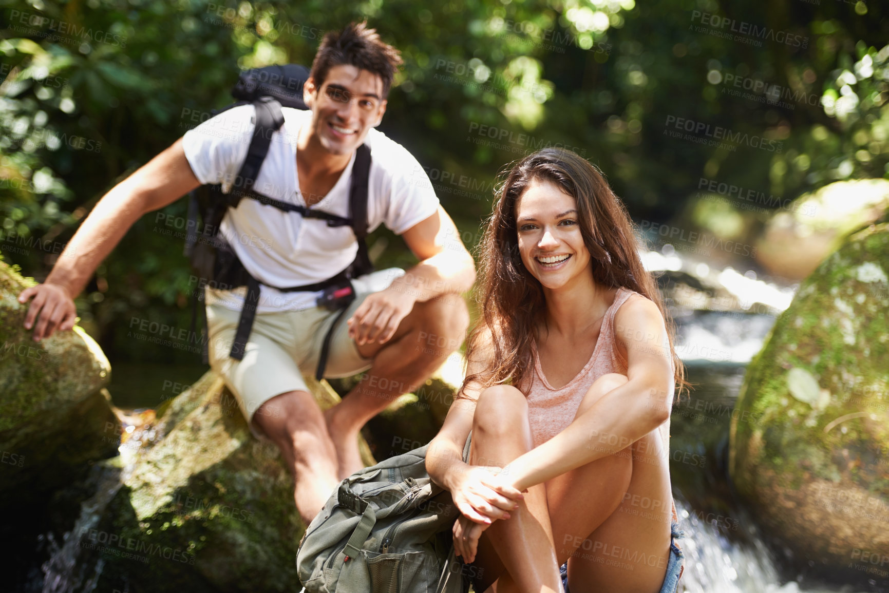 Buy stock photo Hiking, forest or portrait of happy couple in nature or wilderness on a trekking adventure. Man, woman or people on rock to relax in natural park or woods for exercise or wellness on holiday vacation