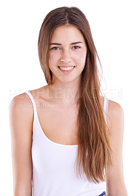 Buy stock photo Portrait, beauty and hair with casual woman in studio isolated on white background for salon treatment. Aesthetic, cosmetics and keratin or shampoo for haircare with happy young person at spa