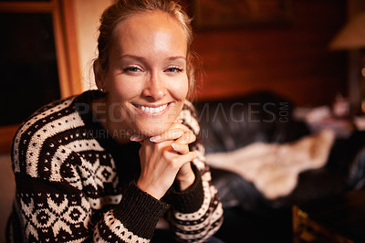 Buy stock photo Cropped shot of an attractive young woman indoors