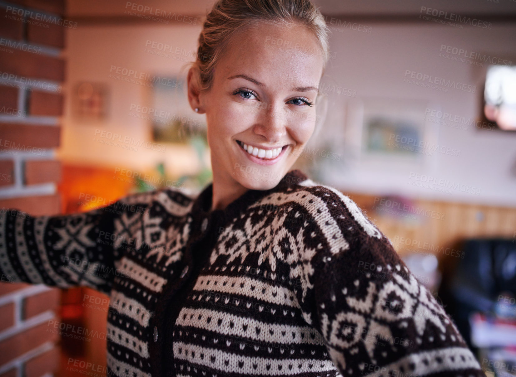 Buy stock photo Woman, portrait and winter jersey in home for cozy vacation in Canada for relaxing holiday, resting or comfortable. Female person, face and smile in sweater or living room apartment, calm or peace