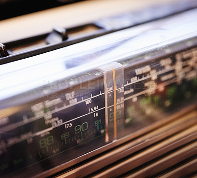 Buy stock photo Radio, retro and tuning numbers or vintage signal or music channel or news station scale, old school or antique. Equipment, classic and analog for information broadcast or sound, media or electronics