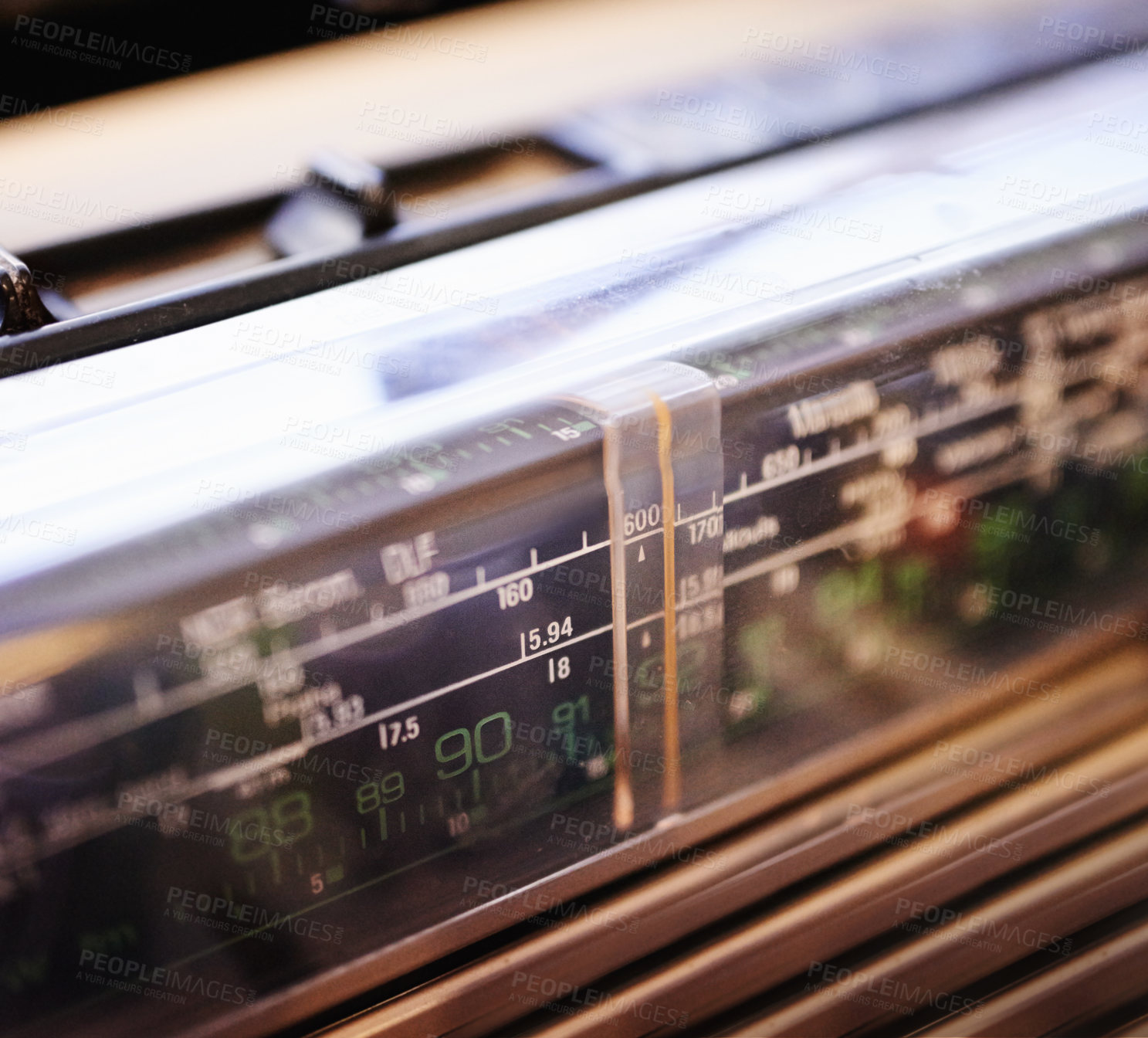 Buy stock photo Radio, retro and tuning numbers or vintage signal or music channel or news station scale, old school or antique. Equipment, classic and analog for information broadcast or sound, media or electronics