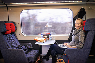 Buy stock photo Travel, laptop and portrait of happy woman on train for commute, journey and business trip on public transport. Railway, passenger and person on computer for remote work, website and typing email