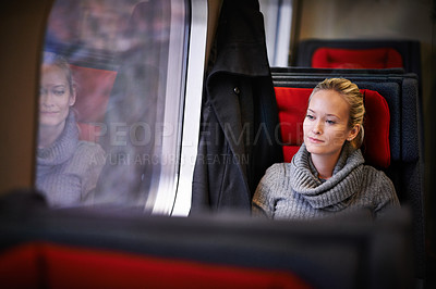 Buy stock photo Woman, travel and thinking on train for holiday with adventure, trip and leisure with journey in France. Female person, commute and vacation on public transport as tourist for break and destination