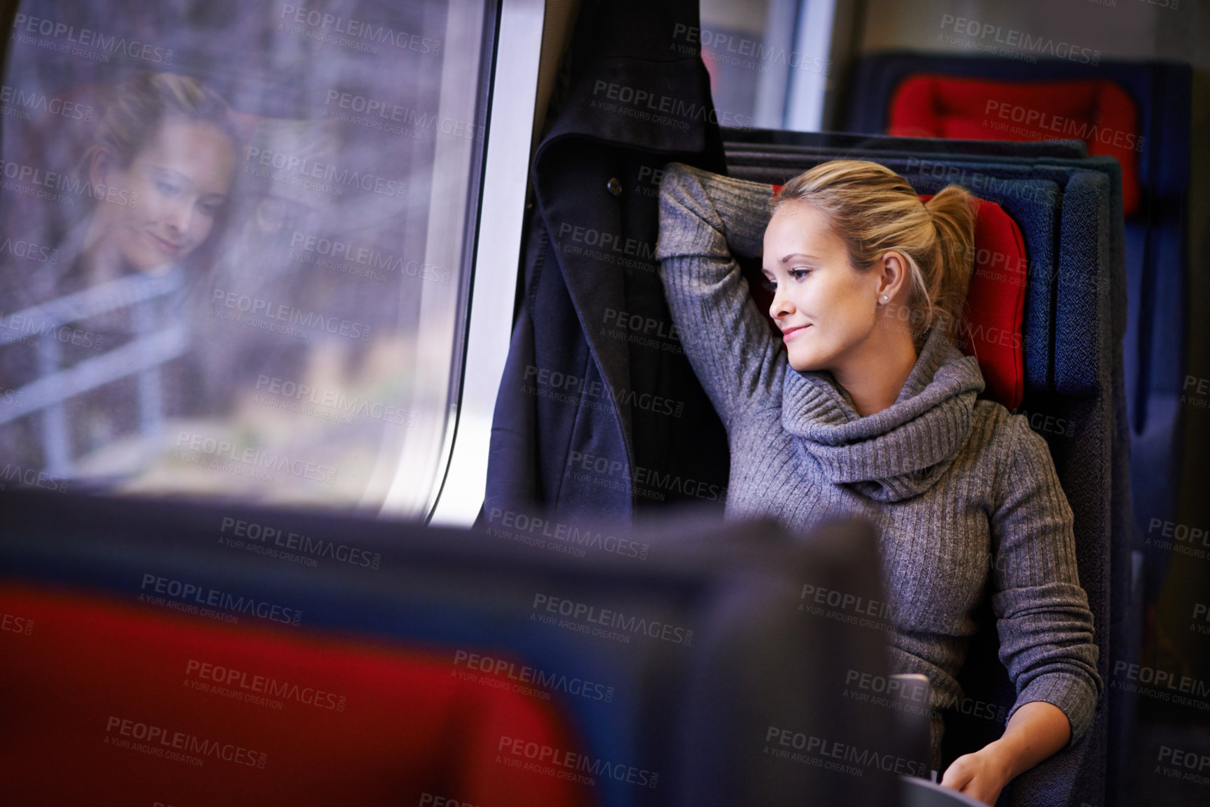 Buy stock photo Woman, travel and smile on train to think for business trip, work and conference for network in France. Female person, commute and journey on public transport with vision for convention and growth