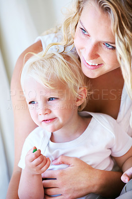 Buy stock photo Happy, mom and baby bonding in home with smile, support and quality time with family wellness. Relax, mother and face of toddler son with love, growth and child development in apartment together.