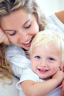 Buy stock photo Portrait, mom and baby bonding in home with smile, support and quality time with happy family wellness. Relax, mother and face of toddler son with love, growth and child development in apartment.