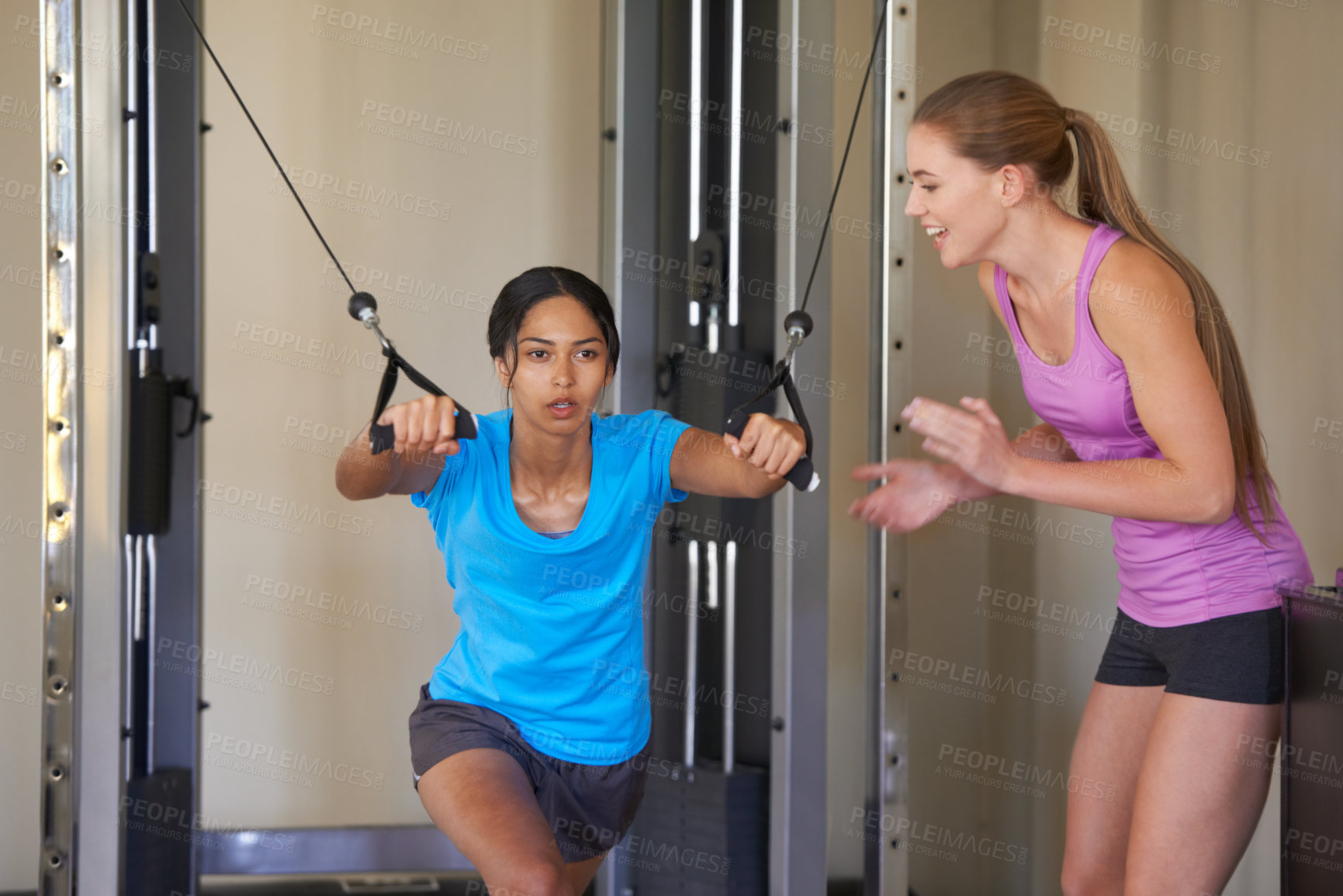 Buy stock photo A young woman working out at the gym with her friend