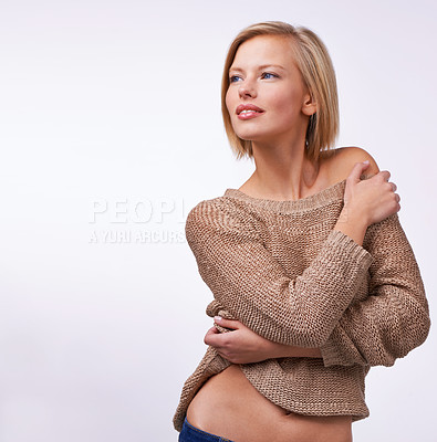 Buy stock photo Studio, woman and skincare with jersey, glow and vision with happiness and satisfaction. Model, sweater and fashion for winter, care and treatment with comfort clothes or cardigan with style