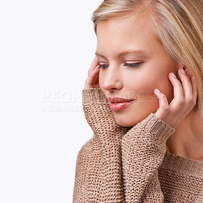 Buy stock photo Studio, model and skincare with sweater, smile and vision with happiness and satisfaction. Woman, jersey and fashion for winter, care and treatment with comfort clothes or cardigan with style