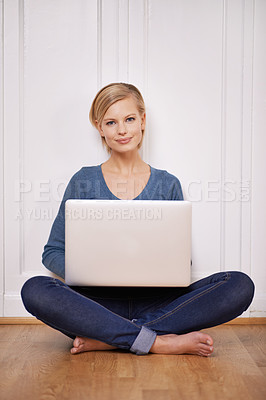 Buy stock photo Laptop, smile and portrait of woman on floor working on freelance project for remote job. Happy, technology and young female person sitting on ground with computer for online research at home.