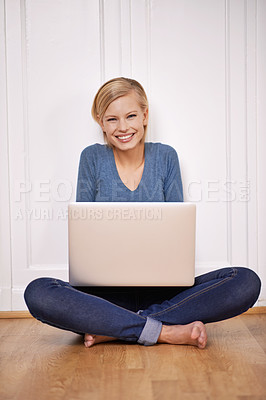 Buy stock photo Laptop, happy and portrait of woman on floor working on freelance project for remote job. Smile, technology and young female person sitting on ground with computer for online research at home.