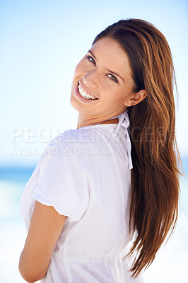 Buy stock photo Beach, smile and portrait of woman on vacation with blue sky, happy adventure and sunshine in Greece. Summer, relax and face of girl at ocean waves with wellness, travel and outdoor holiday in nature