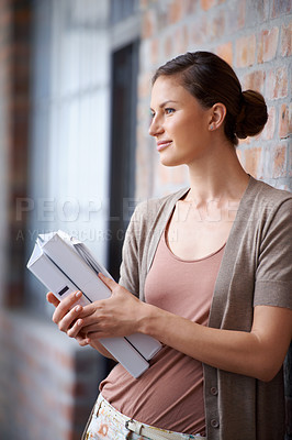 Buy stock photo Woman, paperwork and thinking at wall for research project for planning thoughts or brainstorming, document or entrepreneur. Female person, files and wondering at office for proposal, vision or idea